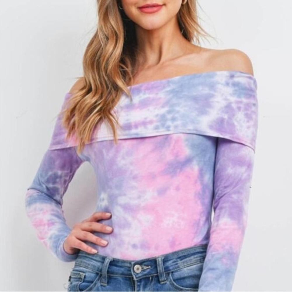 Le Lis Purple Pink Tie-Dye Off-Shoulder Long Sleeve Boho Bodysuit NWT Large